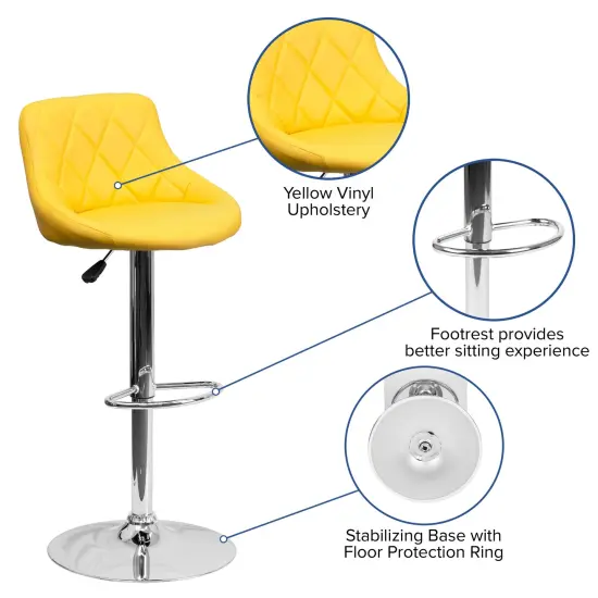 Emma and Oliver 2 Pack Contemporary Vinyl Bucket Seat Adjustable Height Barstool with Diamond Pattern Back and Chrome Base Yellow {2}