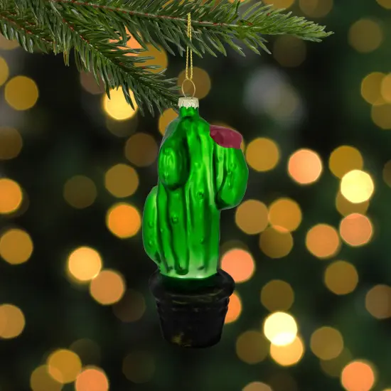 Northlight 5" Green Cactus with Pink Flower Glass Christmas Ornament {3}