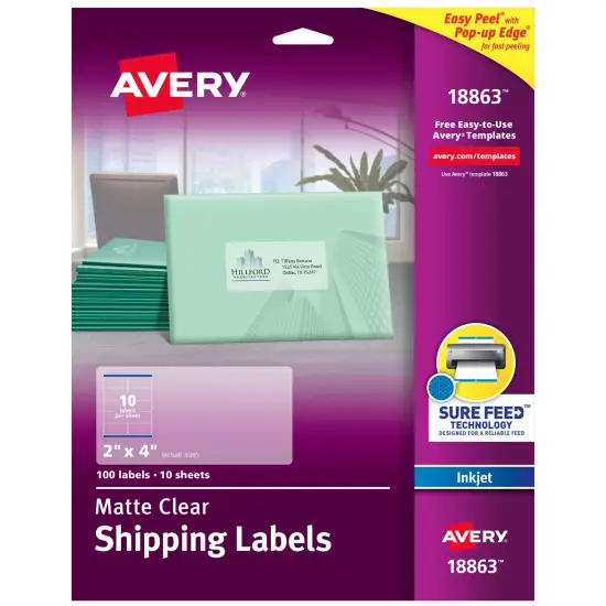Avery Matte Clear Shipping Labels, Sure Feed Technology, Inkjet, 2" x 4", 100 Labels (18863) {1}