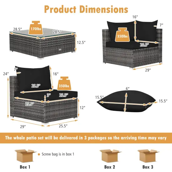 7 Pieces Patio Rattan Furniture Set with Sectional Sofa Cushioned-Black {5}