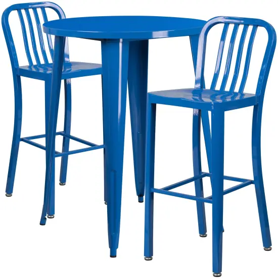 Emma and Oliver Commercial 30" Round Metal Indoor-Outdoor Bar Table Set & 2 Slat Back Stools Blue {1}