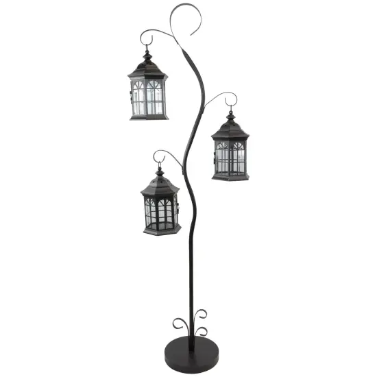 Northlight Distressed Scroll Candle Lantern Tree with Lanterns- 71.5" - Black {1}