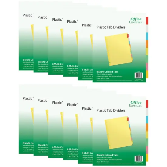 Office Essentials Insertable Plastic Tab Dividers for 3 Ring Binders, 8-Tab Sets, Multicolor Tabs, 12 Sets (21941) {1}