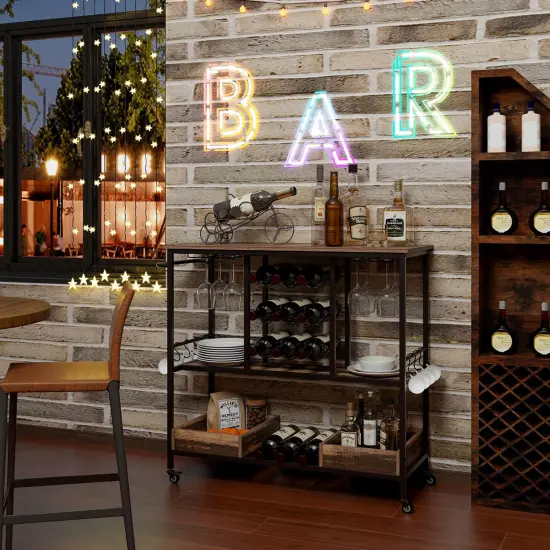 Costway 3 Tiers Bar Cart Home Serving Cart on Wheels with Glass Racks Wine Holders Rustic Brown/Vintage Brown {6}