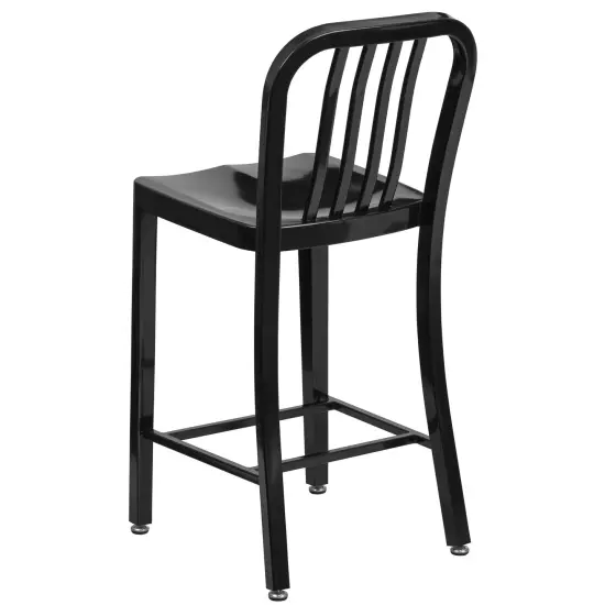 Merrick Lane Santorini Galvanized Steel Indoor/Outdoor Counter Bar Stool With Slatted Back And Powder Coated Finish Black {4}