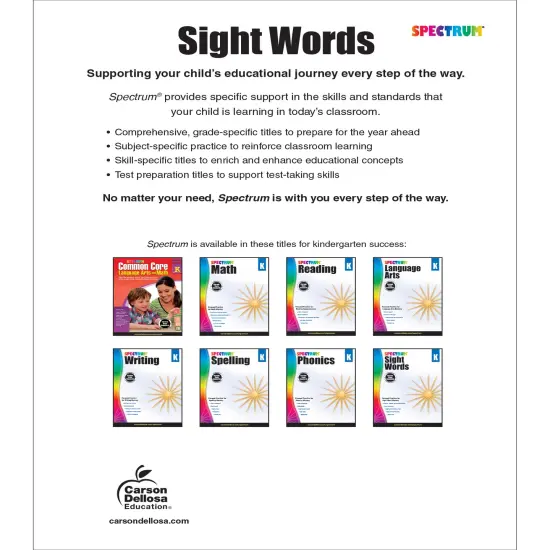 Spectrum Sight Words Kindergarten Workbooks, Phonics Book With Reading and Writing Practice, Vocabulary, Sentence Strips, and Flash Cards, Language Arts Classroom or Homeschool Curriculum {2}