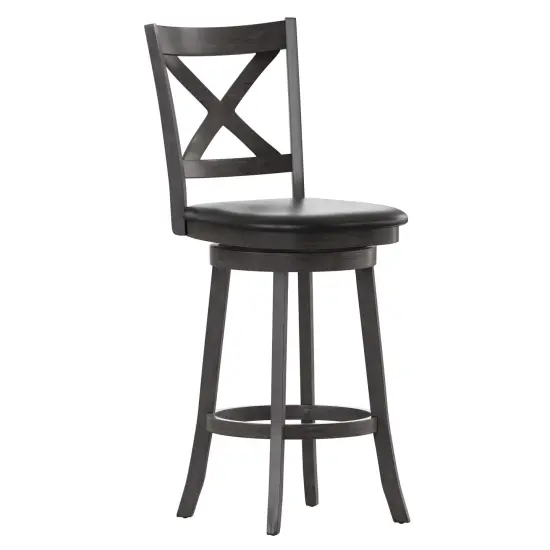 Merrick Lane Sora 30" Classic Wooden Crossback Swivel Bar Height Pub Stool with Upholstered Padded Seat and Integrated Footrest GrayWashWalnut/Black {1}