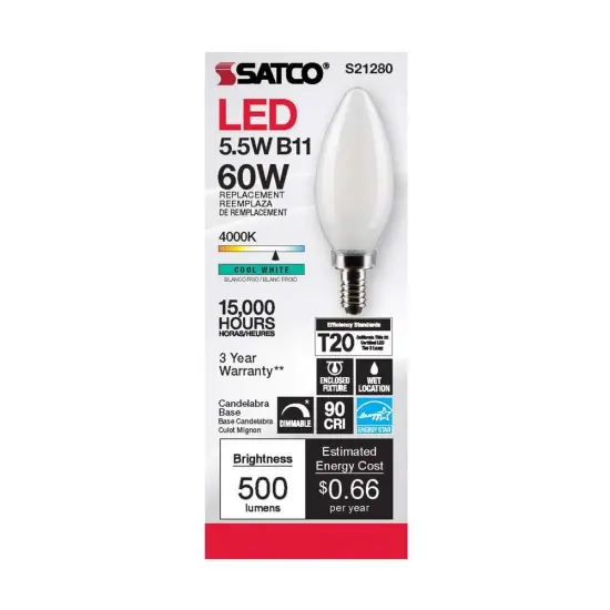 6Pk - Satco 5.5w B11 LED 4000K Candelabra Base Frosted Dimmable - 60w equiv Cool White {4}