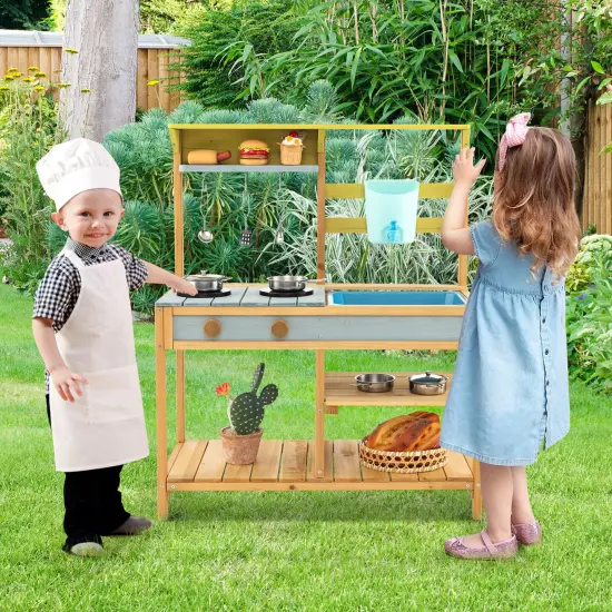 Costway Wooden Play Kitchen Set, Outdoor Kid's Mud Kitchen with Faucet & Water Box {3}