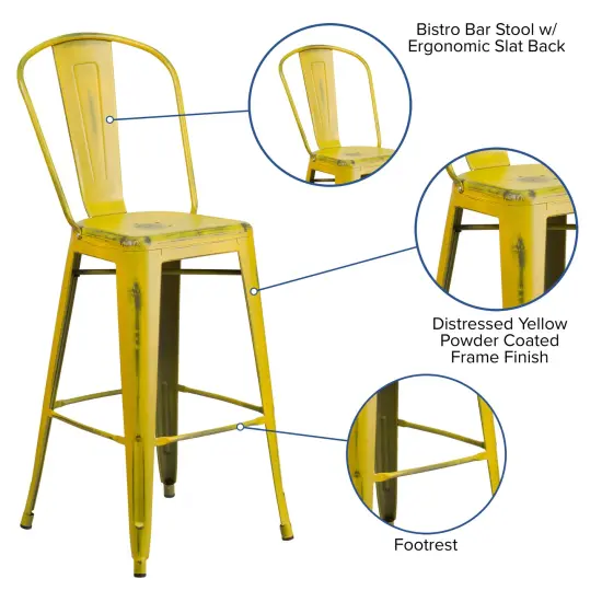 Emma and Oliver Commercial Grade 4 Pack 30" High Distressed Metal Indoor-Outdoor Barstool with Back Yellow {2}
