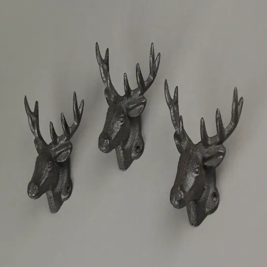 Set of 3 Rustic Brown Deer Head Decorative Wall Hooks Lodge Decor {7}