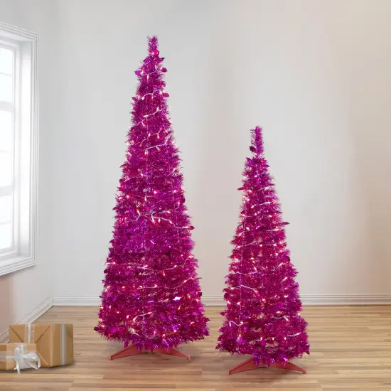Northlight 6' Pre-Lit Pink Tinsel Pop-Up Artificial Christmas Tree, Clear Lights {3}