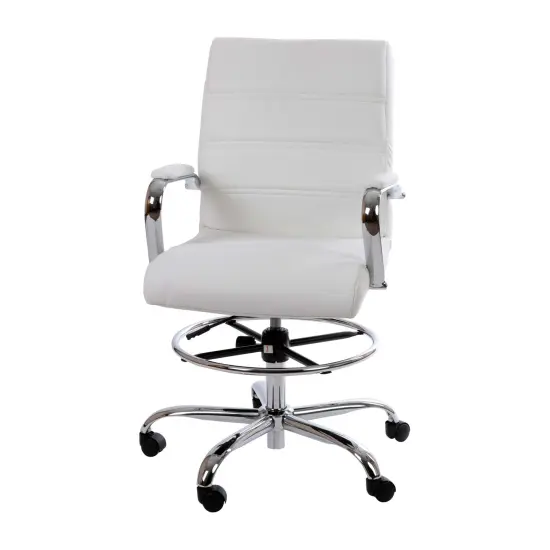 Merrick Lane Tevia Mid-Back Drafting Chair with Adjustable Foot Ring Faux Leather Upholstered Swivel Chair with Chrome Base White {1}