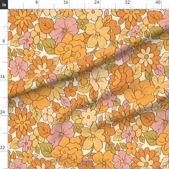 Various Fabrics by the Yard or Fat Quarter 1970S Floral Flowers Vintage Nostalgia Seventies Hippie Boho Botanical Bloom Orange Beige Pink Green Custom Printed Fabric by Spoonflower {1}