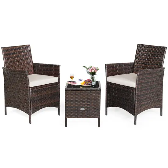 Costway 3PCS Patio Rattan Furniture Set Cushioned Sofa Glass Tabletop Deck Red\Blue\ White {9}
