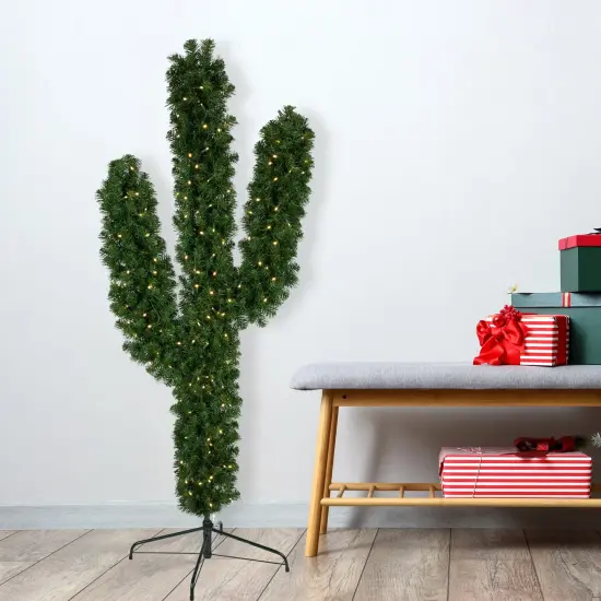 Northlight 6' Pre-Lit Artificial Pine Cactus Christmas Tree, Warm Clear LED Lights Green {3}