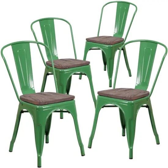 Emma and Oliver 4 Pack Metal Stackable Chair with Wood Seat Green {1}