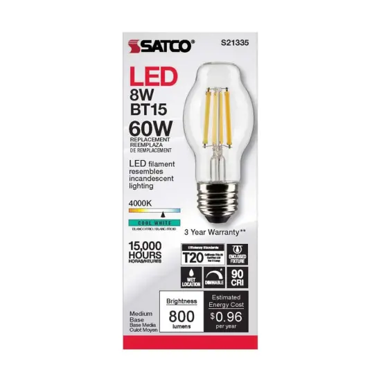 6Pk - Satco 8w BT15 LED 4000K Medium Base Dimmable - 60w equiv Cool White {4}