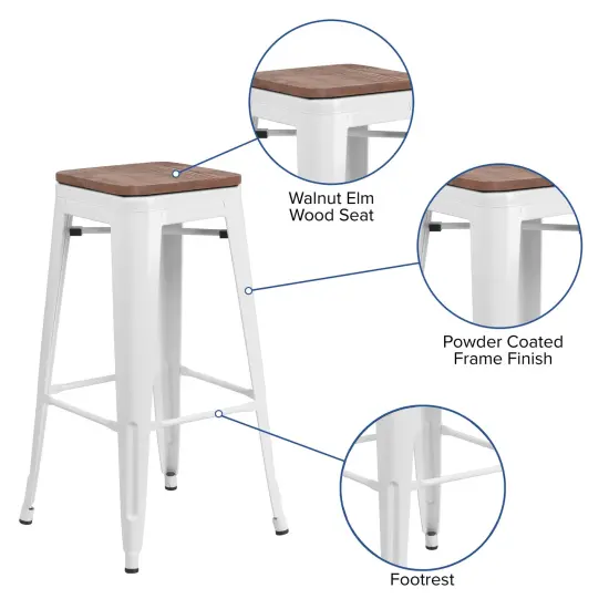 Merrick Lane Dalton Series Backless Metal Dining Stool with Wooden Seat for Indoor Use White {2}
