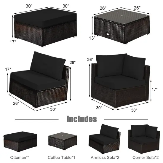 6 Pieces Outdoor Patio Rattan Sectional Sofa Set With Coffee Table Black {5}