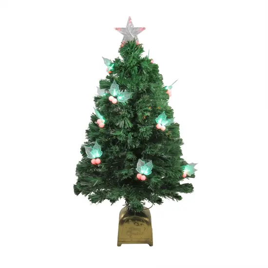 Northlight 3' Pre-Lit Medium Profile Holly Berries Artificial Christmas Tree - Multi-Color LED Lights Green {1}