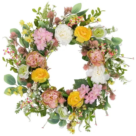 Northlight Rose and Hydrangea Floral Spring Wreath - 26" - Pink and Yellow {3}