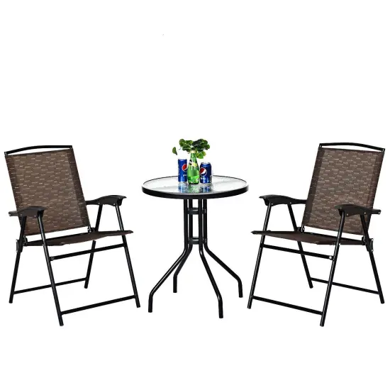 Costway 3PC Bistro Patio Garden Furniture Set 2 Folding Chairs Glass Table Top Steel {1}