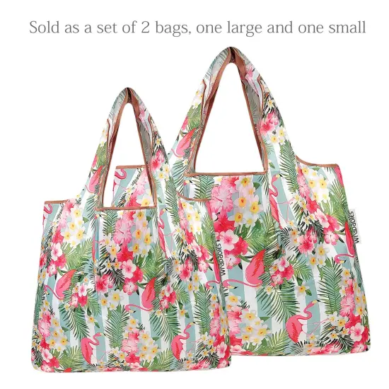 Wrapables Large & Small Foldable Tote Nylon Reusable Grocery Bags, Set of 2 Flamingos Flowers {3}