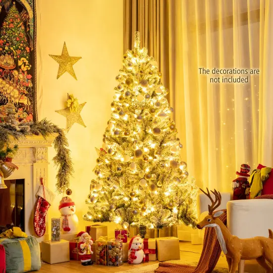 Costway 6ft Pre-lit Snow Flocked Hinged Christmas Tree w/ 928 Tips & Metal Stand {2}