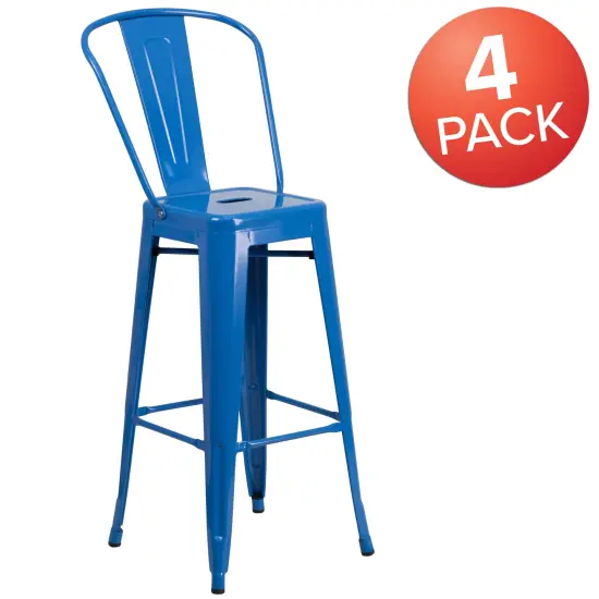 Emma and Oliver Commercial Grade 4 Pack 30" High Metal Indoor-Outdoor Barstool with Back Blue {5}