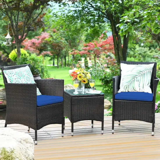 3 Pieces Patio Wicker Rattan Furniture Set with Steel Frame and Polyester Cushions Navy {2}