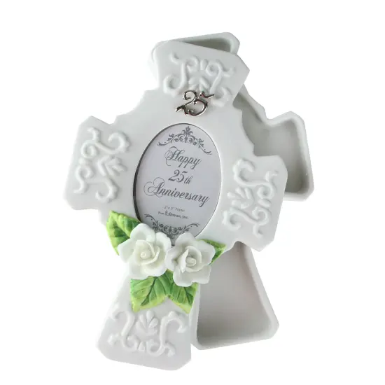 Roman Porcelain "Happy 25th Anniversary" Trinket Box - with a 2" x 3" Photo Frame #60861 White {3}