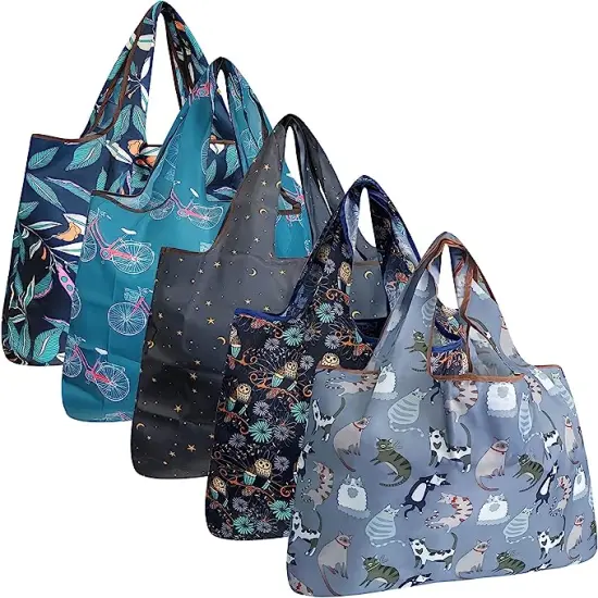 Wrapables Large Foldable Tote Nylon Reusable Grocery Bags, 5 Pack Nighttime Adventures {1}