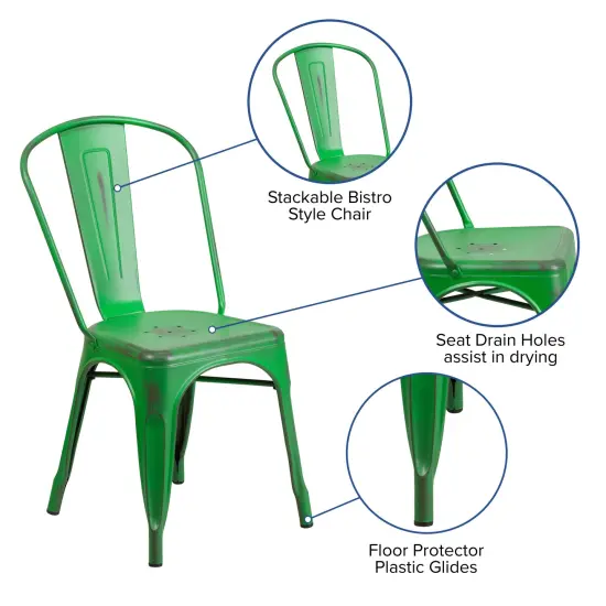 Merrick Lane Banks Indoor/Outdoor Stacking Metal Dining Chair with Single Slat Back and Distressed Powder Coated Finish Green {2}