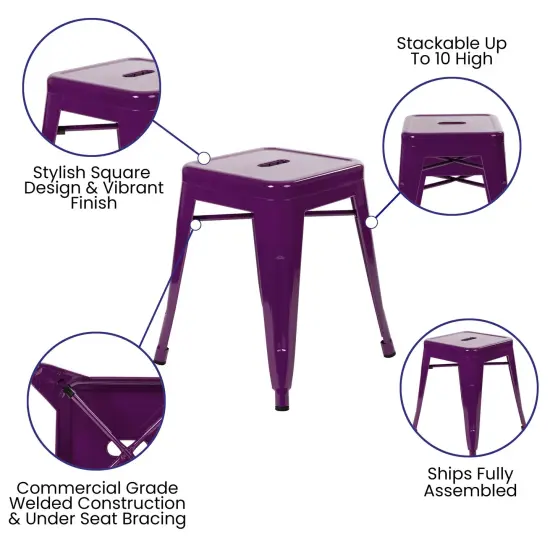 Merrick Lane Set of 4 Sloane 18" High Backless Stacking Dining Stools with Durable Metal Frame Purple {2}