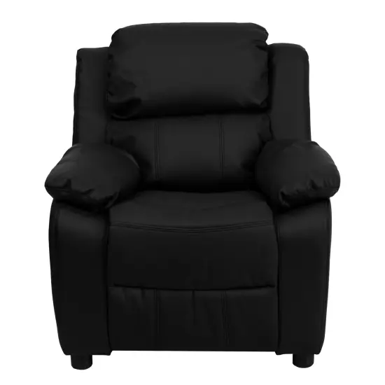 Emma and Oliver Deluxe Padded Contemporary Kids Recliner with Storage Arms Black LeatherSoft {2}
