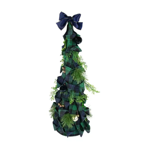Northlight Pine, Jingle Bell and Plaid Ribbon Christmas Cone Tree - 18" - Green and Blue {1}