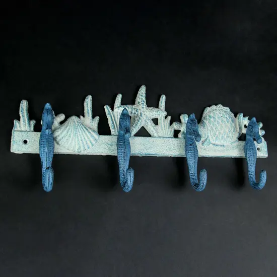 Cast Iron Coastal Blue and White Seahorse Sea Life Decorative Wall Hook Rack {4}