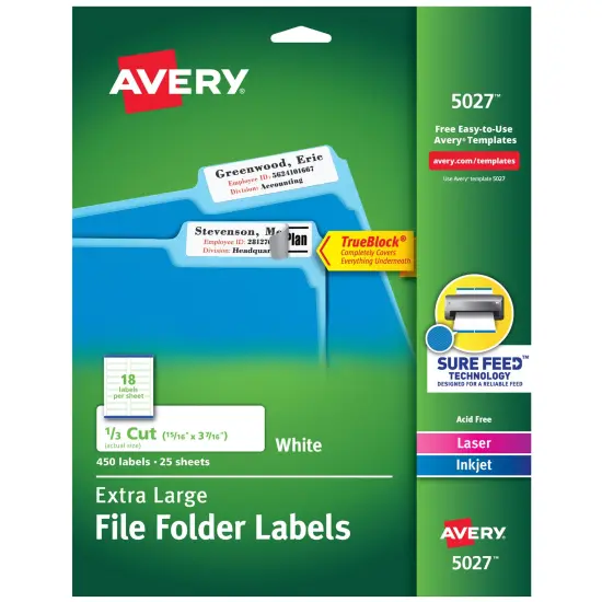 Avery TrueBlock Extra Large File Folder Labels, 15/16" x 3-7/16", 450 Printable Labels, White (5027) {1}