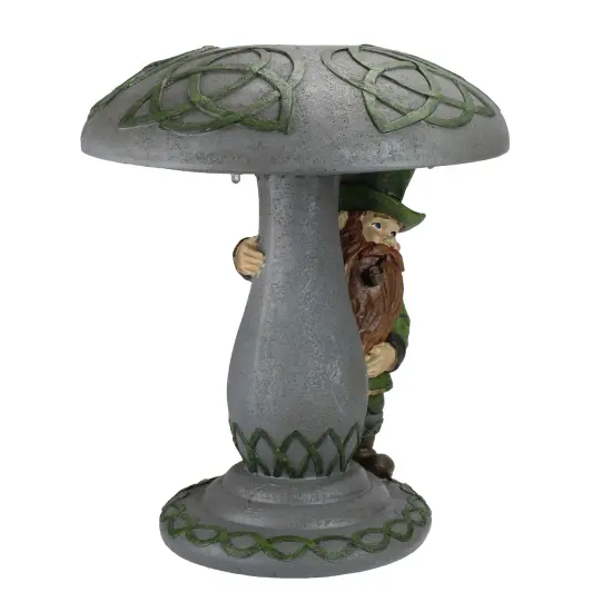 Roman 12.25" Gray and Green LED Solar Leprechaun Standing Under Mushroom Statue {3}