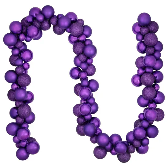 Northlight 3-Finish Shatterproof Ball Christmas Garland - 6' x 3.5" - Purple - Unlit {1}