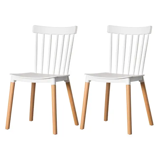 Modern Plastic Dining Chair Windsor Design with Beech Wood Legs Set of 2 White {2}