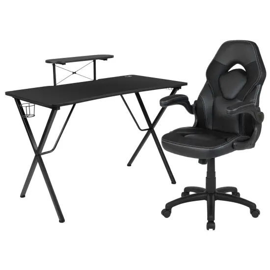 Emma and Oliver Gaming Desk and Racing Chair Set with Headphone Hook, and Monitor Stand Black {1}