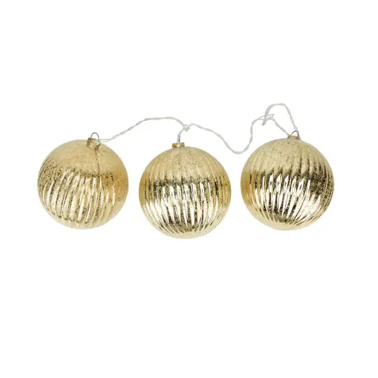 PENN Lighted Ribbed Mercury Glass Finish Ball Christmas Ornaments - Gold - Clear Lights - Set of 3 {1}