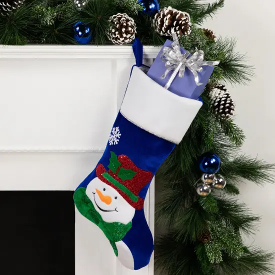 Northlight 20" Royal Blue Embroidered Velveteen Snowman Christmas Stocking with White Cuff {3}