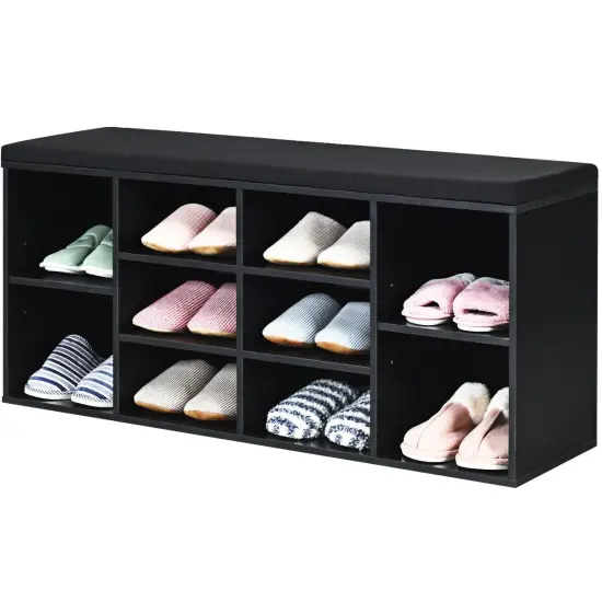 10-Cube Organizer Entryway Padded Shoe Storage Bench Black {4}