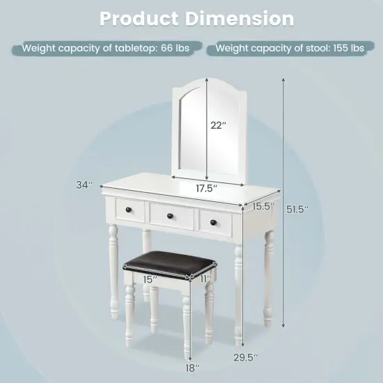 Costway Vanity Table Set Makeup Desk Cushioned Stool 3 Drawer Large Mirror White/Walnut {3}