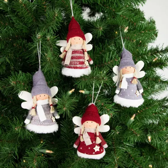 Northlight Plush Angel Girl Hanging Christmas Ornaments - 4.25" - Red and Gray -Set of 4 {3}