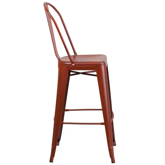 Merrick Lane Sabine Metal Indoor-Outdoor Counter Stool with Vertical Slat Back and Integrated Footrest Kelly Red {5}