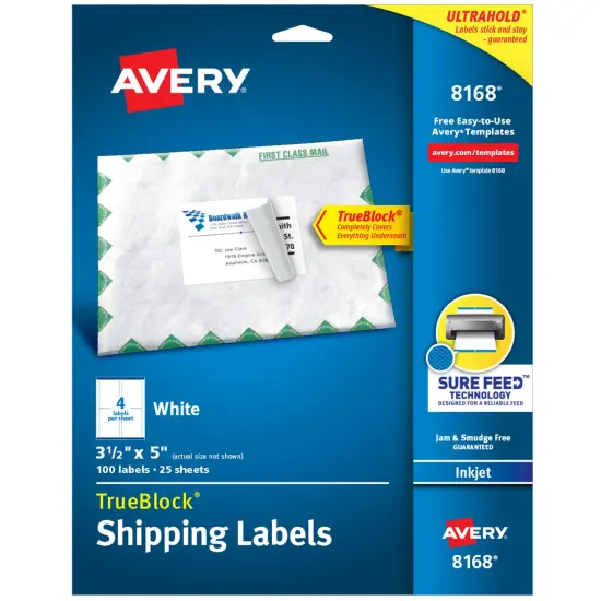 Avery TrueBlock Shipping Labels, Sure Feed Technology, Permanent Adhesive, 3-1/2" x 5", 100 Labels (8168) {1}